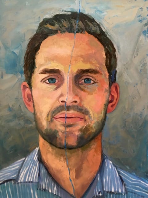 Portrait of a man with blue eyes and a blue line dividing his face in half.