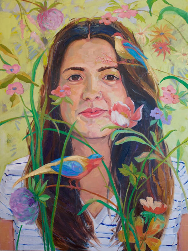Portrait of a young Polynesian woman with long hair overlayed with flowers and birds.