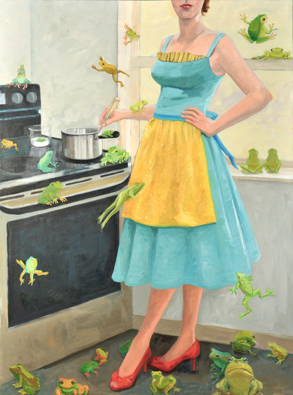 A contemporary oil painting of a woman in vintage blue dress and yellow apron cooking at the stove surrounded by green frogs jumping all around her, sitting on the windowsill and stove top