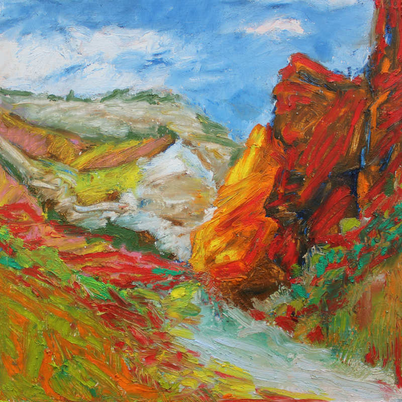 Abstract landscape in vivid red, green and yellow