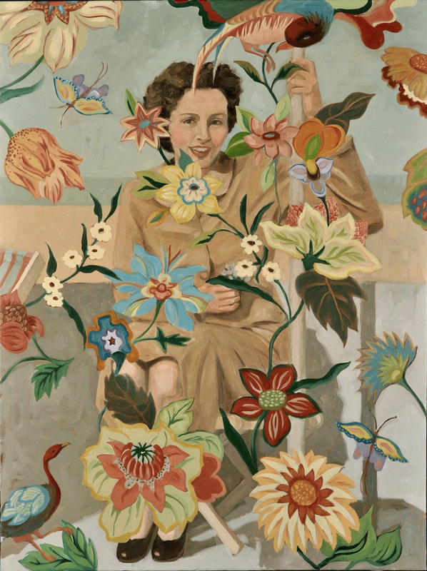 This painting of a young woman in vintage clothes is overlayed with a colorful decorative floral pattern.