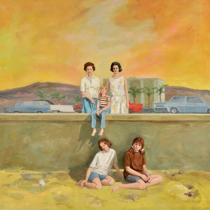 A contemporary realist painting of a vintage family portrait in front of a sea wall on the sand.