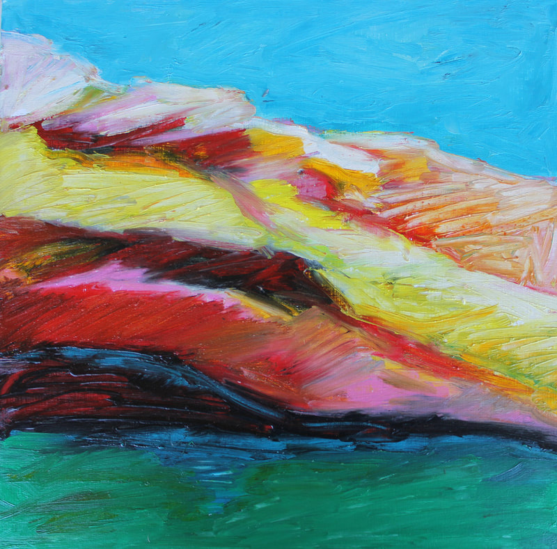 Abstract painted landscape in oil of slanted rock formations.