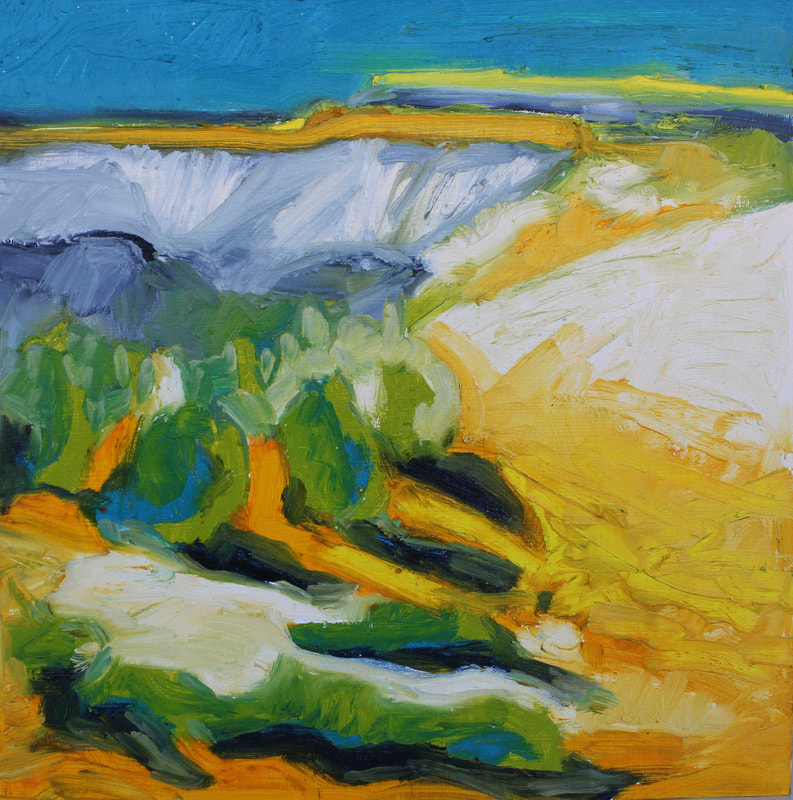 Abstract landscape of yellow, green, black and white
