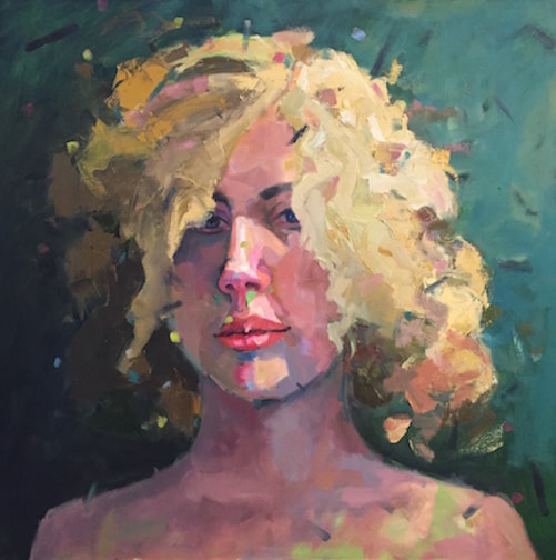 Portrait of a blonde woman with pink lipstick