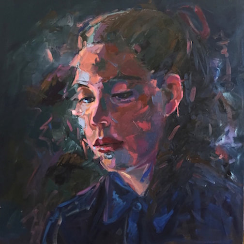 Portrait of a girl in a dark blue shirt against a dark blue background. The side of her face is disintegrating into color.