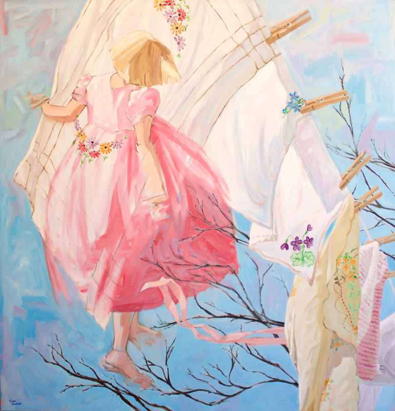 Painting of a little girl in a pink dress dancing in the air in front of clothes drying on a clothesline and a blue sky.
