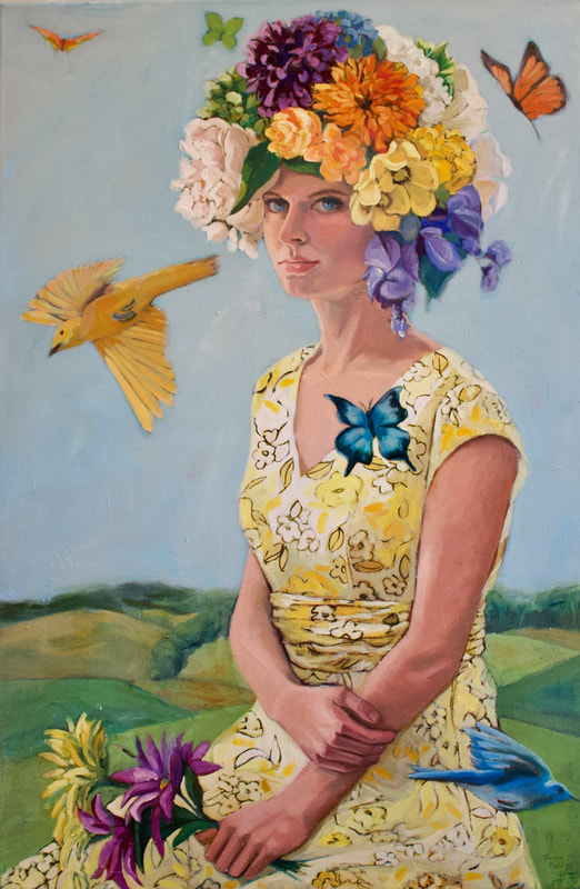 A young woman in a yellow flowered wearing a headdress made of summer flowers with birds and butterflies around her.