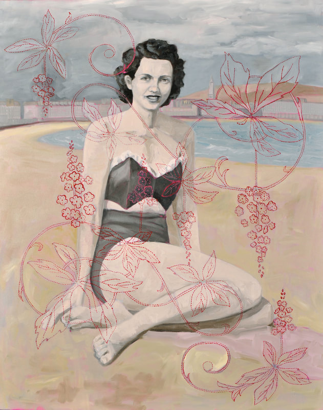This portrait of a woman in a vintage bathingsuit sitting on the beach overlayed by a red floral embroidery pattern.