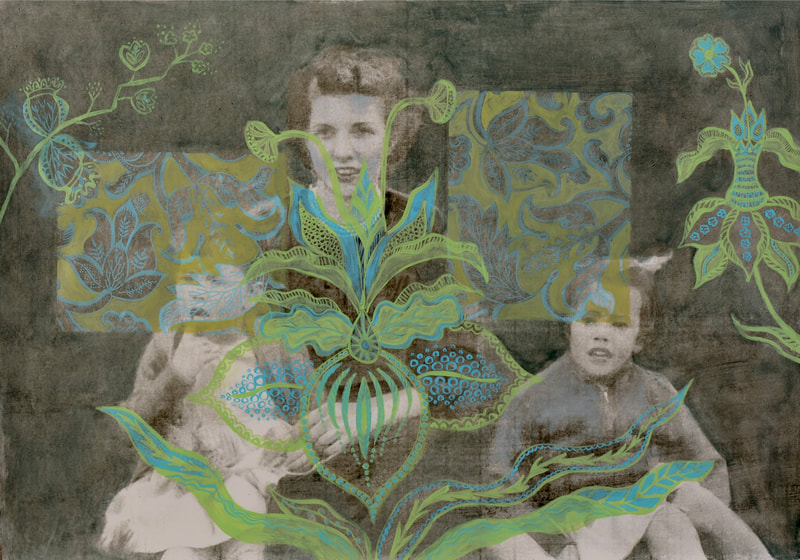 A vintage portrait of a mother with two little girls is overlayed  with a Jacobean floral motif in blue and green.