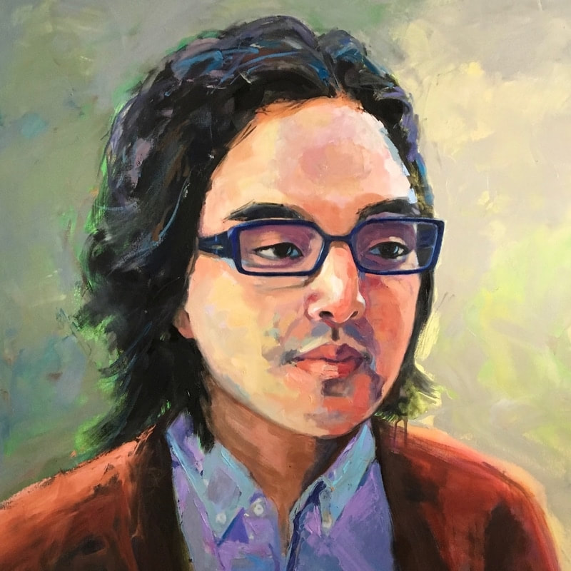 Portrait of an Asian man in square glasses and brown cardigan
