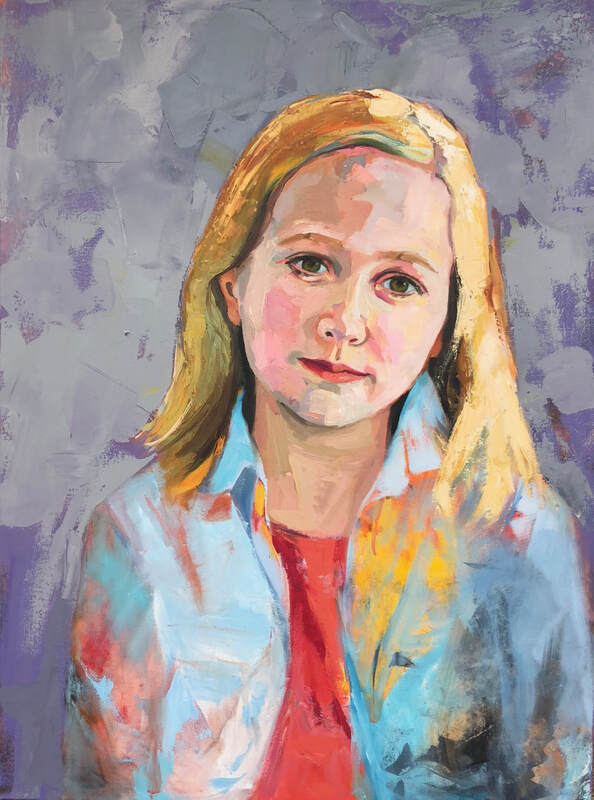 Portrait of a young white girl with blonde hair in a blue jacket on a purple background.