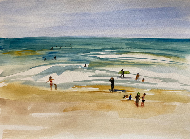 A plein air watercolor of the ocean and sand with surfers and swimmers .