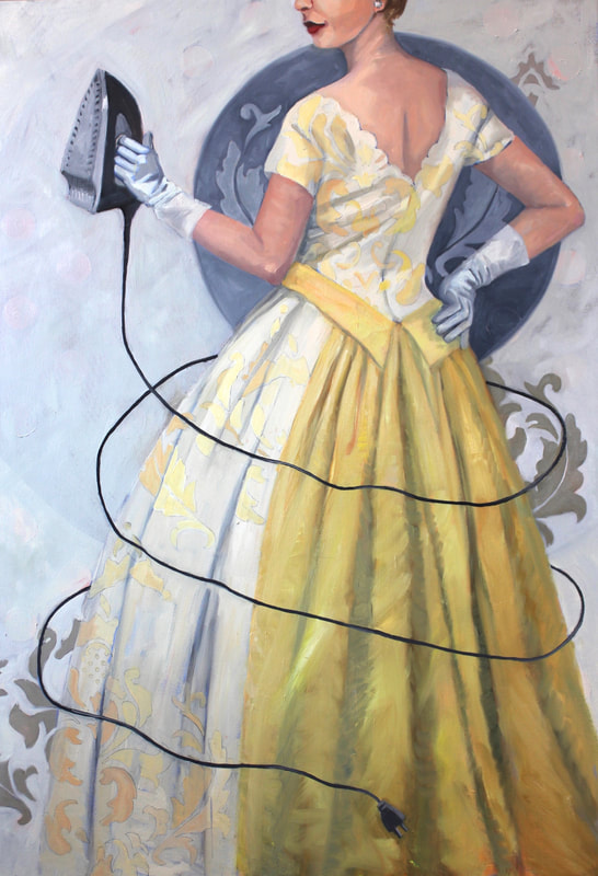A woman in a white and yellow ball gown holds an iron and is encircled by the electrical cord.