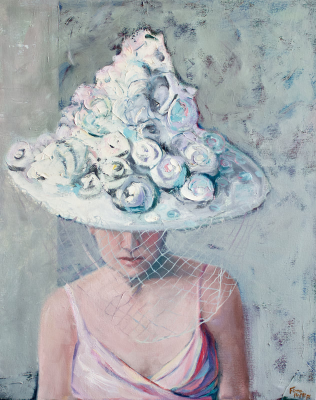 A contemporary portrait of a woman in a large hat with loosely painted white flowers.