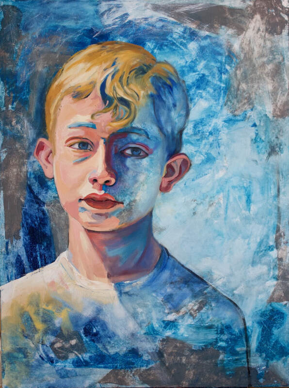 Portrait of a blonde boy with blue shadows and a blue background