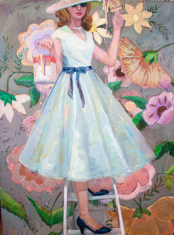 This painting is of a young woman in a white vintage dress standing on a ladder holding a paint brush and bucket in front of a floral mural. 