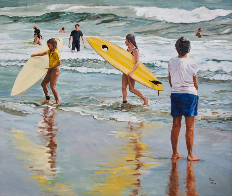 Surfer girls carrying surfboards at the beach, oil painting for sale. People playing in the waves, blue, yellow. Reflections in the sand.
