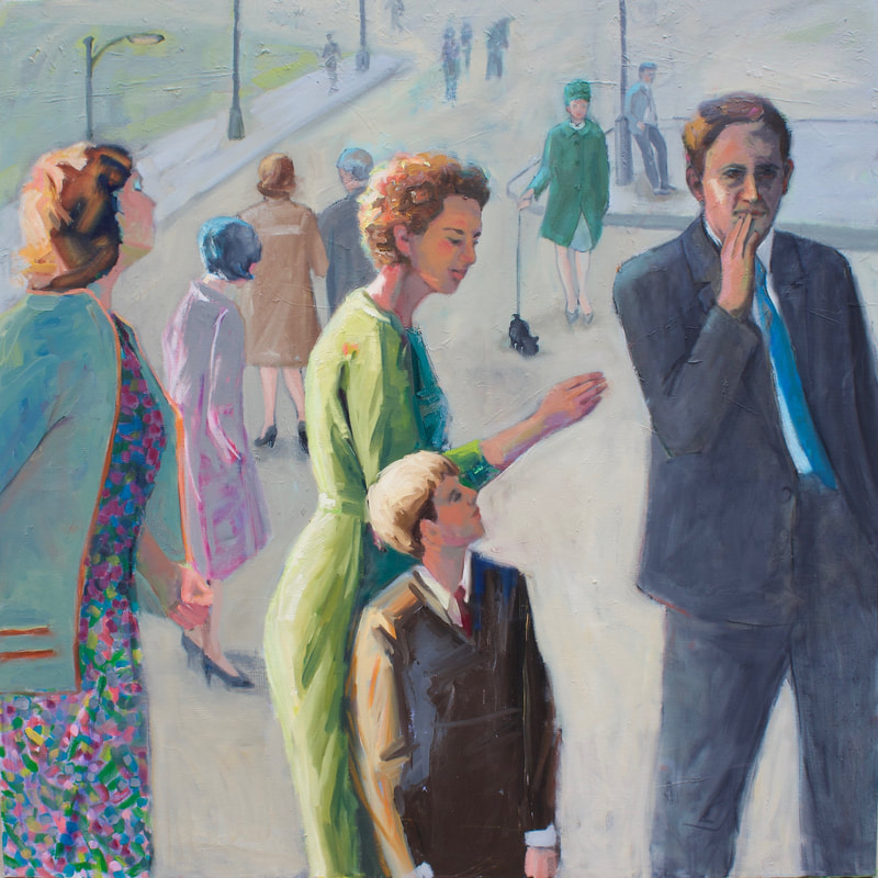 This is a large oil painting of people gathering and walking down a road at twilight. A family of three is in. the foreground. They are wearing vintage clothes.