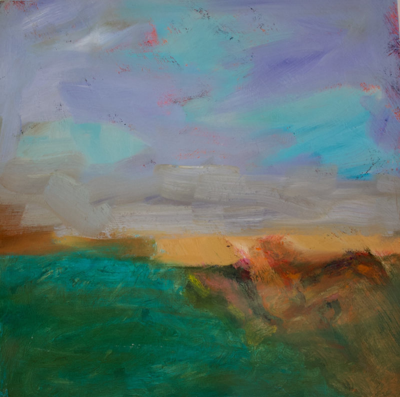 Loosely painted landscape with yellow mesa and purple sky
