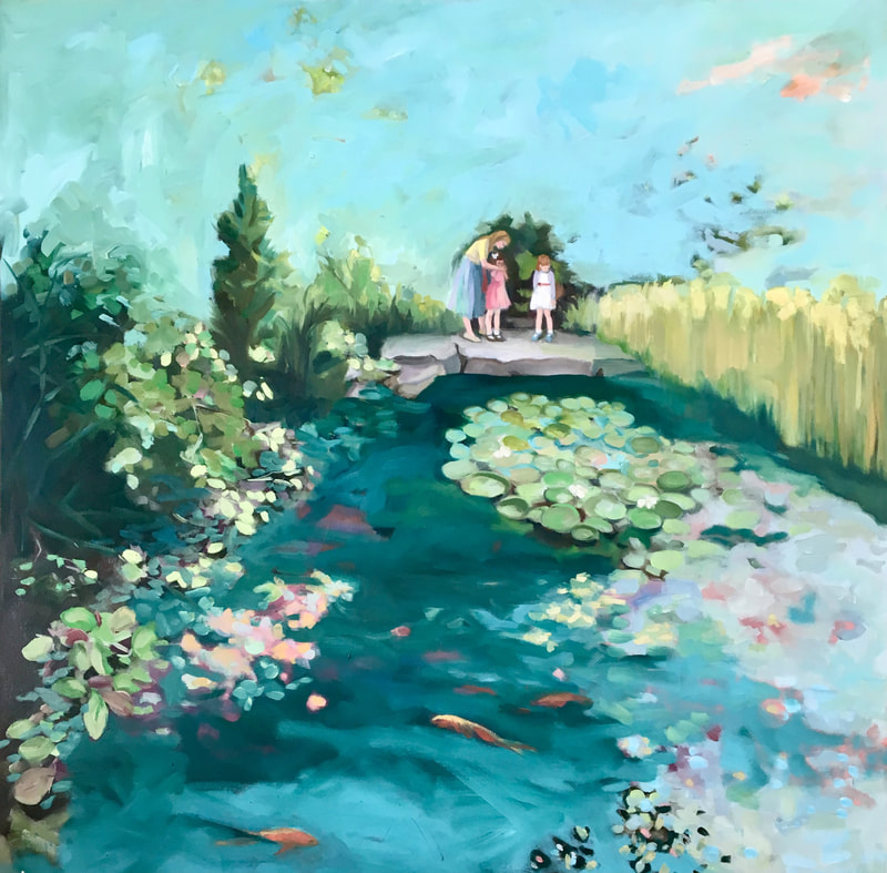 A painting of a lush intimate landscape with a koi pond, mother and two daughters.