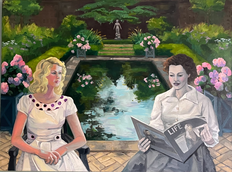 Two women, one in black and white and wearing vintage clothing and one in color sit in a verdant, green garden with a large reflecting pool.