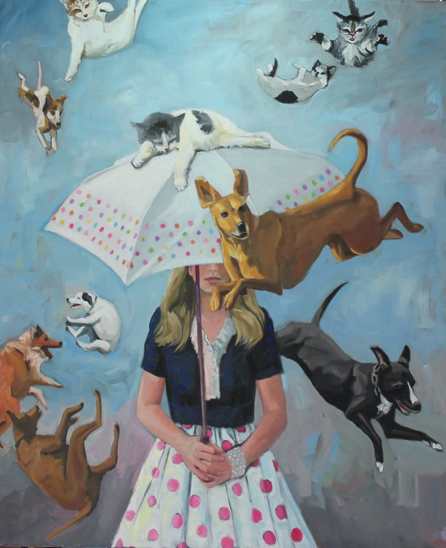 Woman under an umbrella with cats and dogs falling from the sky like rain. One little cat is sleeping on top of the umbrella