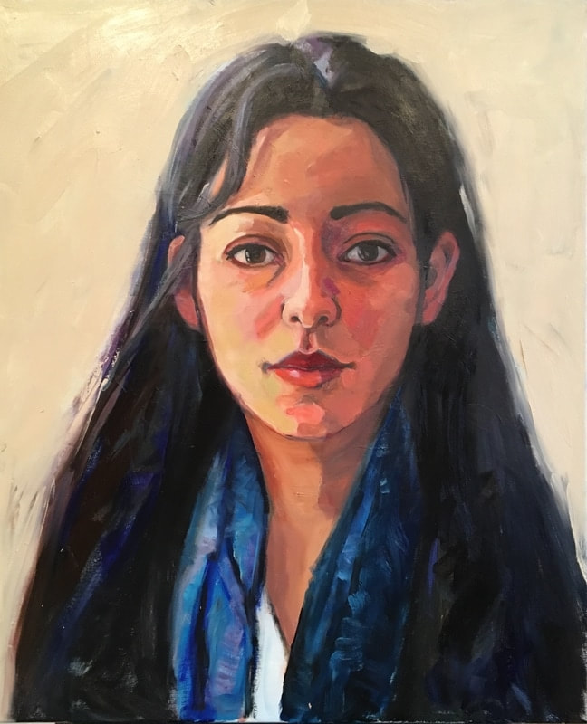 Portrait of a Latina woman in a blue scarf.