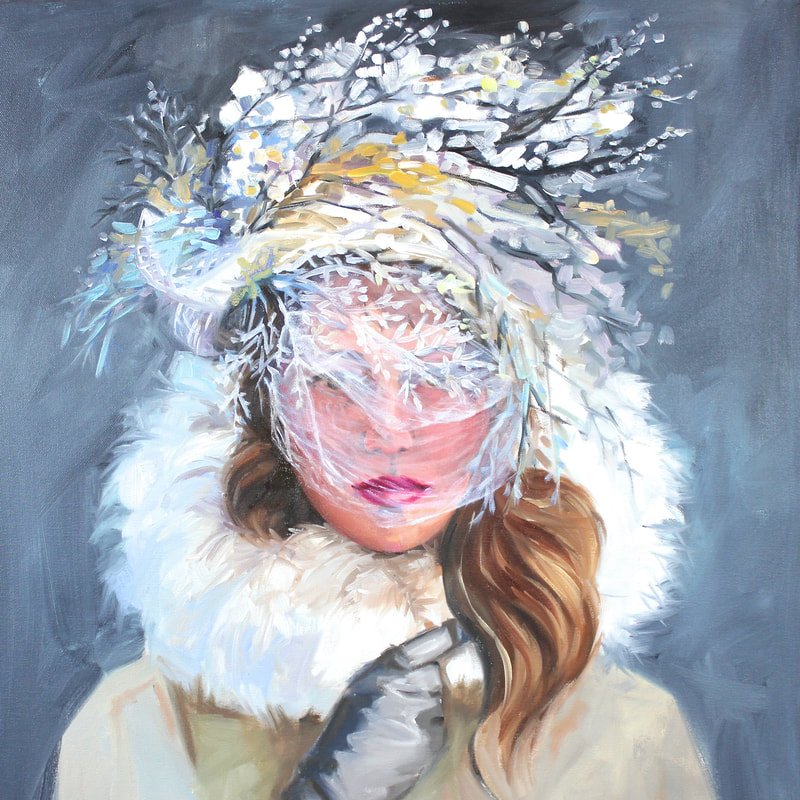A contemporary realist portrait of a girl in faux fur collar and winter headdress make of branches, leaves and berries.