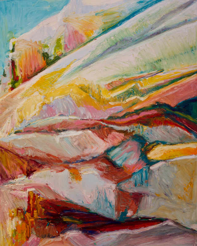 Abstract landscape in oil of slanted cliffs and rock formations in bright colors